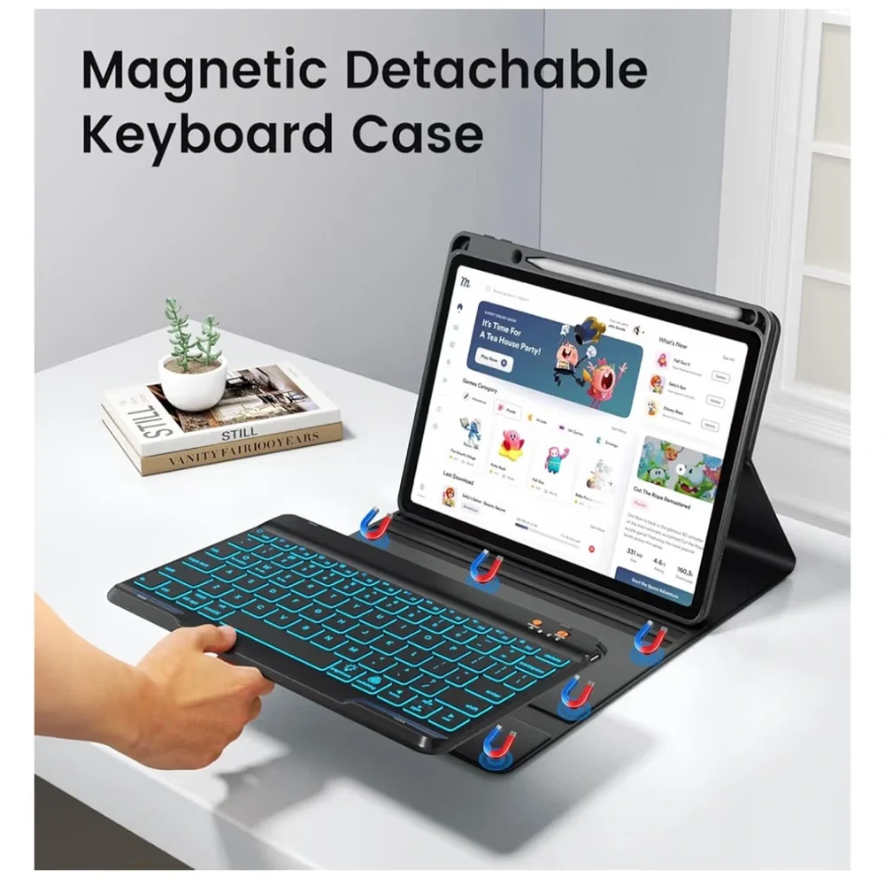 iPad Air 11” Folio Cover Keyboard Case 7-Color Backlit Pencil Holder Detachable